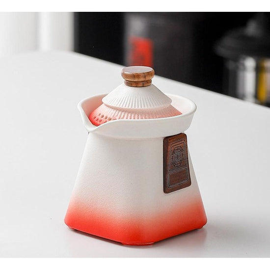 Artisan Ceramic Tea Pot with Built-in Strainer - 280ml, Gradient Finish & Wooden Accents(White+red)