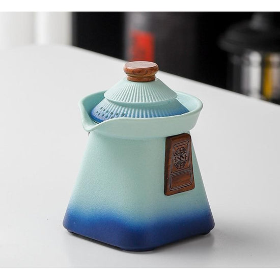 Artisan Ceramic Tea Pot with Built-in Strainer - 280ml, Gradient Finish & Wooden Accents(Blue+green)