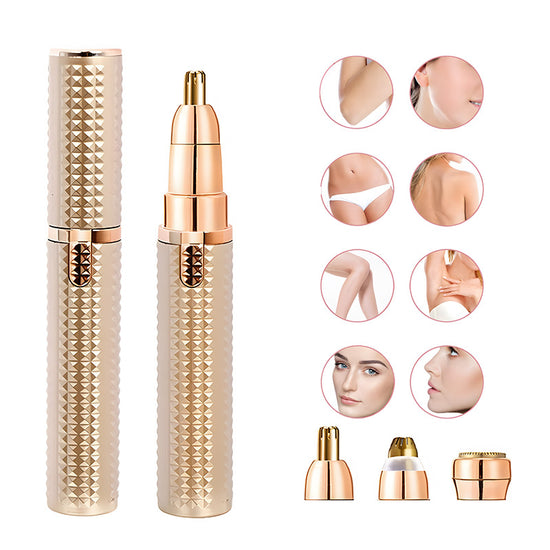 3-in-1 Rechargeable Electric Trimmer for Women - Nose, Eyebrow & Facial Hair Remover with Washable Heads & LED Light(Gold)