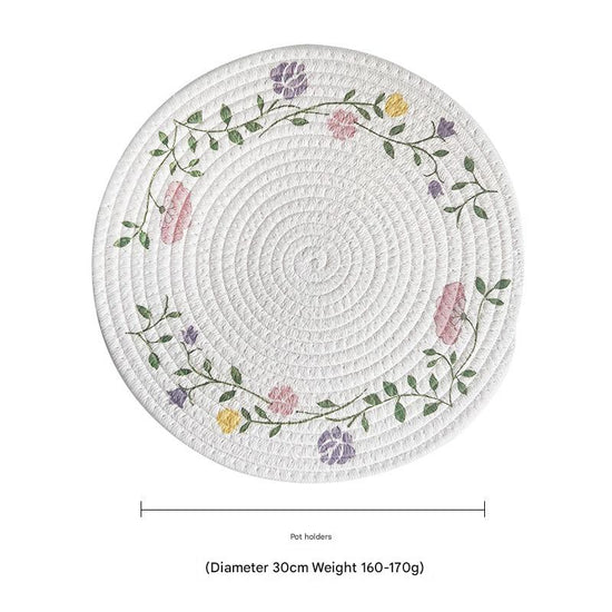 (Flowers) Cotton Rope Woven Placemats - Set of 3, 30cm Diameter Heat Resistant Kitchen Decor