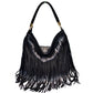 Chic Black Double Fringe Hobo Bag - Convertible Microfiber Leather Shoulder & Crossbody Purse