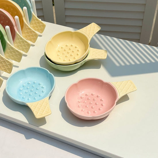 2 Pcs Pink and Yellow Adorable Ice Cream Cone Ceramic Slow Feeder Pet Bowl - Fun Anti-Gulp Design for Cats & Dogs
