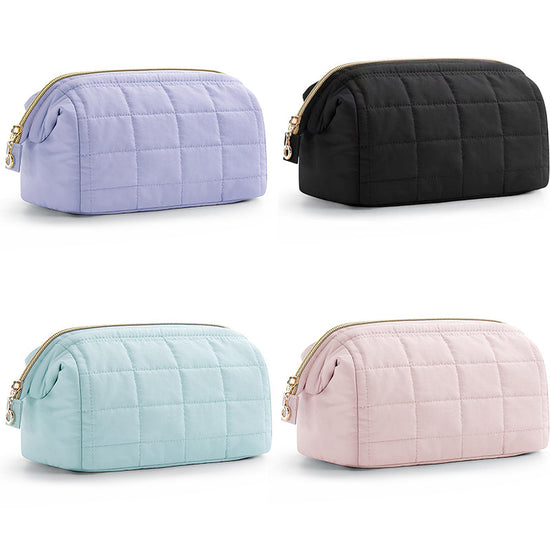 Black Chic Quilted Puffer Makeup Bag - Large Capacity Travel Cosmetic Organizer with Wide Opening