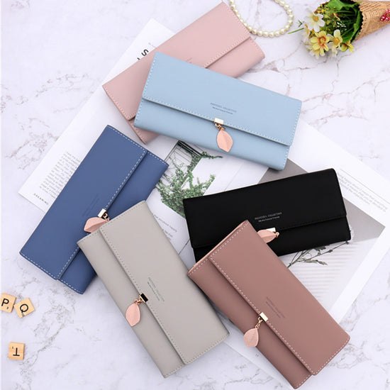Green Elegant Ladies Long PU Leather Wallet - Slim Clutch with Leaf Charm, Multi-Card Holder & Organizer