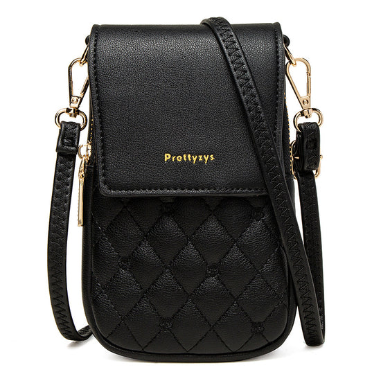 Black Chic Quilted Crossbody Phone Bag - PU Leather Mini Purse with Floral Stitching & Adjustable Strap