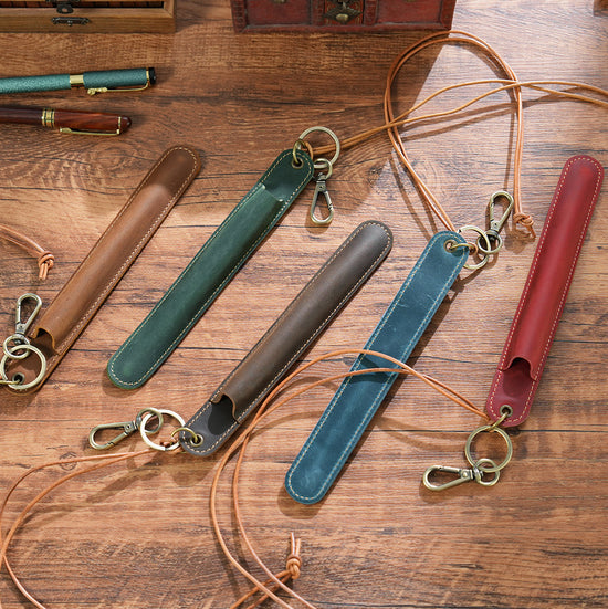 Red Vintage Top-Grain Leather Pen Sleeve Holder with Neck Strap - Protective Single Pen Case