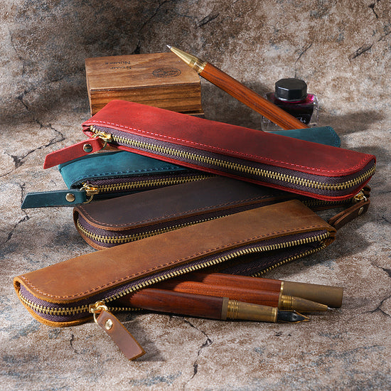 Coffee Vintage Crazy Horse Leather Zippered Pen Case - Retro Pencil Pouch & Small Accessories Bag
