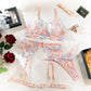 Size L Pink Elegant Floral Embroidered Sheer 5-Piece Lingerie Set - Bra, Thong, Garter Belt, Choker & Thigh Straps