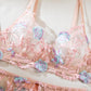 Size L Pink Elegant Floral Embroidered Sheer 5-Piece Lingerie Set - Bra, Thong, Garter Belt, Choker & Thigh Straps