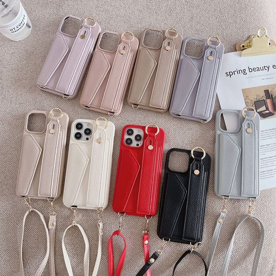 Beige Chic PU Leather Crossbody Wallet Case for iPhone 16 Pro - Card Holder with Detachable Strap & Finger Ring Grip