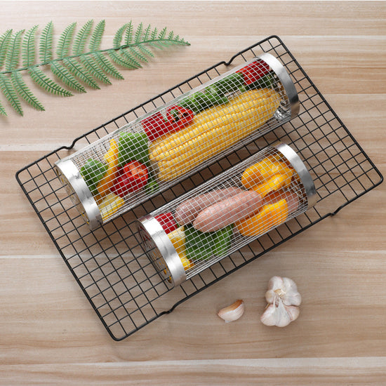 2 Pcs Size S Silver Rolling Stainless Steel BBQ Grill Basket - Cylindrical Grilling Cage for Veggies, Meats & More (304 Food-Grade)