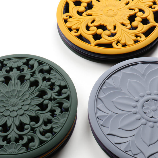 Elegant Floral Silicone Trivet Mat Set (3-Pack, Grey) - Heat Resistant, Non-Slip Kitchen Hot Pads & Pot Holders