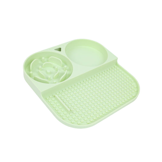 2 Pcs Green 3-in-1 Silicone Pet Slow Feeder & Lick Mat with Water Bowl - Non-Slip Design for Dogs & Cats