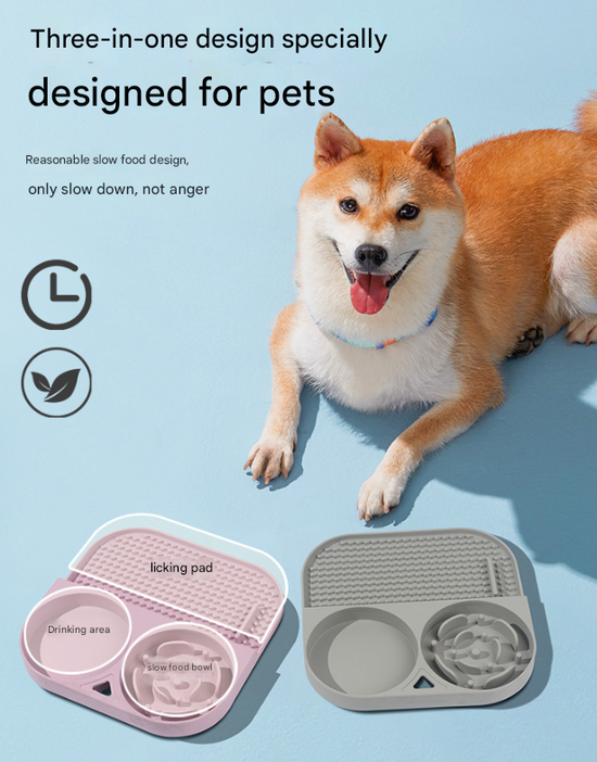 2 Pcs Green 3-in-1 Silicone Pet Slow Feeder & Lick Mat with Water Bowl - Non-Slip Design for Dogs & Cats