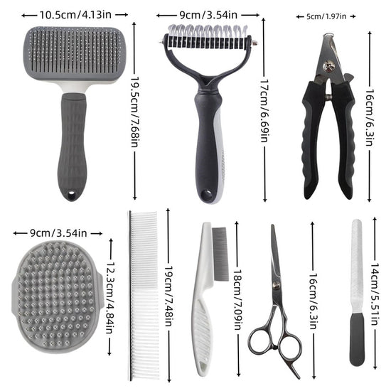 Blue Professional 9-Piece Pet Grooming Kit - DeShedding Brushes, Nail Clippers, Combs & Scissors Set for Dogs, Cats & Rabbits with Storage Bag