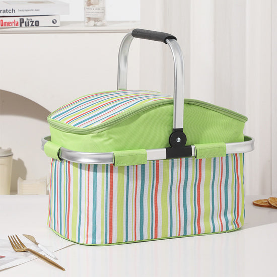 Green and Colored Stripes Large 27L Foldable Insulated Picnic Basket Cooler Bag - Lightweight Thermal Hamper with Aluminum Handles for Outdoor, Shopping & Camping