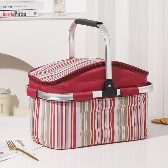 Red and Colored Stripes Large 27L Foldable Insulated Picnic Basket Cooler Bag - Lightweight Thermal Hamper with Aluminum Handles for Outdoor, Shopping & Camping