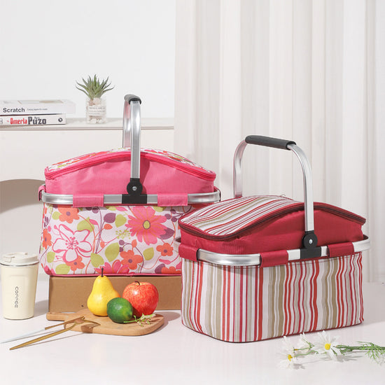 Pink and Floral Pattern Large 27L Foldable Insulated Picnic Basket Cooler Bag - Lightweight Thermal Hamper with Aluminum Handles for Outdoor, Shopping & Camping