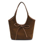 Brown Chic Retro Suede-Finish PU Leather Tote Bag - Large Capacity Shoulder Bag with Tie Accent