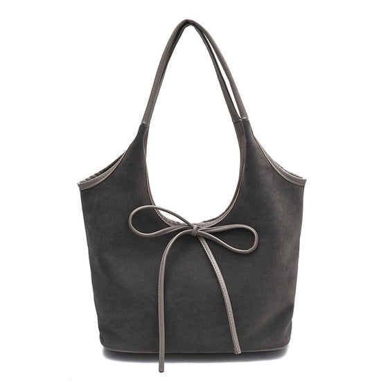 Grey Chic Retro Suede-Finish PU Leather Tote Bag - Large Capacity Shoulder Bag with Tie Accent