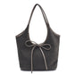 Grey Chic Retro Suede-Finish PU Leather Tote Bag - Large Capacity Shoulder Bag with Tie Accent