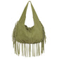 Green Boho Chic Fringed Hobo Bag - Large Capacity Soft Faux Suede Shoulder Tote with Tassel Detail