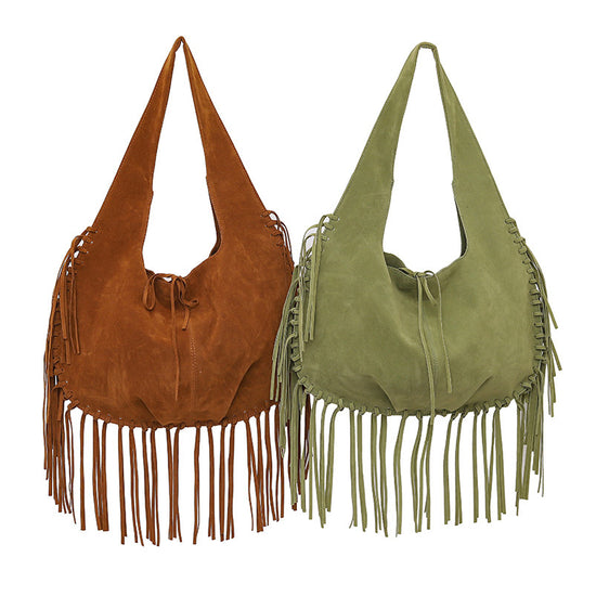 Green Boho Chic Fringed Hobo Bag - Large Capacity Soft Faux Suede Shoulder Tote with Tassel Detail