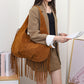 Brown Boho Chic Fringed Hobo Bag - Large Capacity Soft Faux Suede Shoulder Tote with Tassel Detail