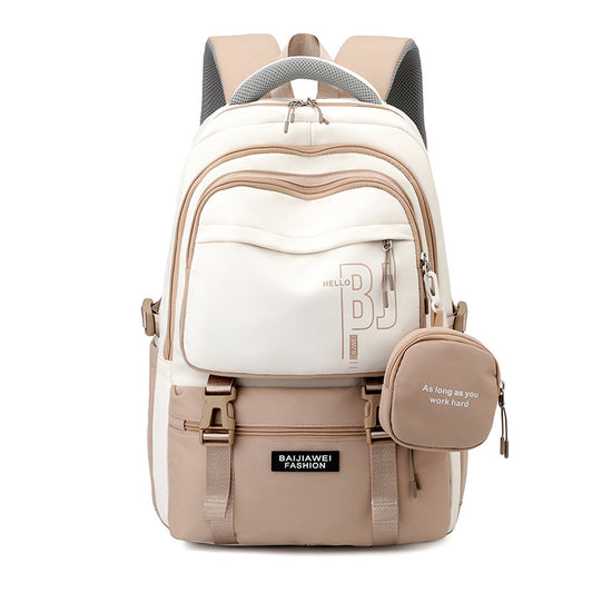 Brown and White Large Capacity Student Backpack - Durable Oxford Cloth School Bag with Laptop Compartment & Multiple Pockets