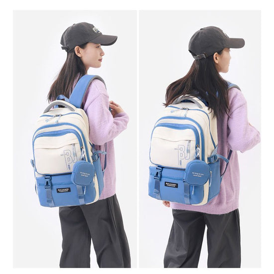 Blue and White Large Capacity Student Backpack - Durable Oxford Cloth School Bag with Laptop Compartment & Multiple Pockets