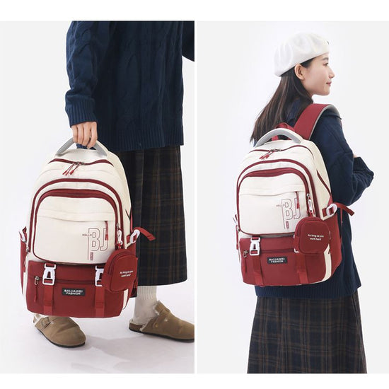 Red and White Large Capacity Student Backpack - Durable Oxford Cloth School Bag with Laptop Compartment & Multiple Pockets