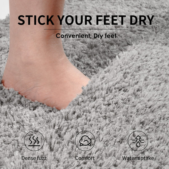 Grey Ultra Absorbent Plush Bath Mat - Non-Slip Bathroom Rug with Innovative Foot Drying Pocket