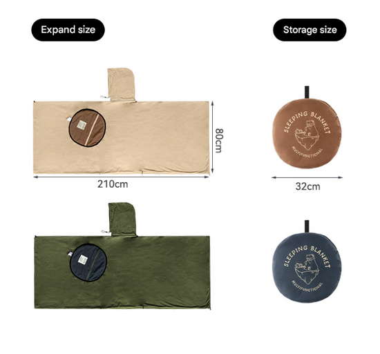 Khaki Cozy 4-in-1 Wearable Fleece Poncho Sleeping Bag - Multifunctional Camping Blanket with Detachable Hood
