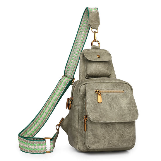 Green Stylish PU Leather Sling Crossbody Bag for Women - Multi-Pocket Chest Pack with Adjustable Wide Strap
