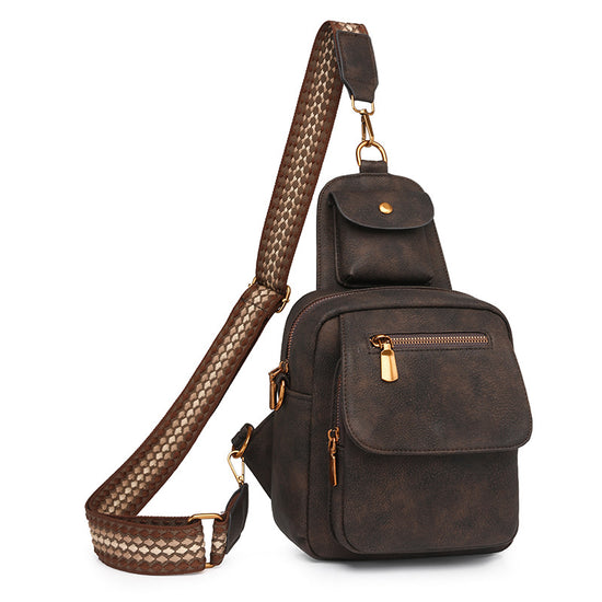 Coffee Stylish PU Leather Sling Crossbody Bag for Women - Multi-Pocket Chest Pack with Adjustable Wide Strap