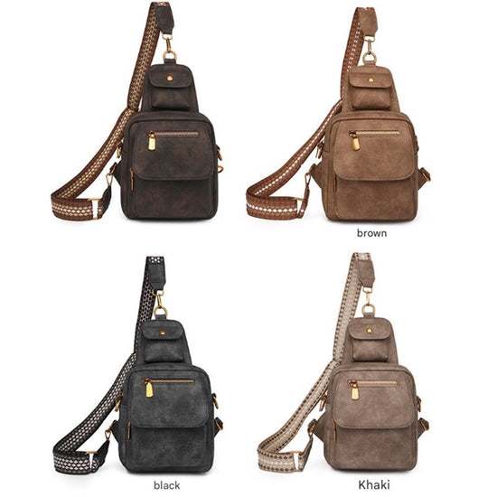 Black Stylish PU Leather Sling Crossbody Bag for Women - Multi-Pocket Chest Pack with Adjustable Wide Strap