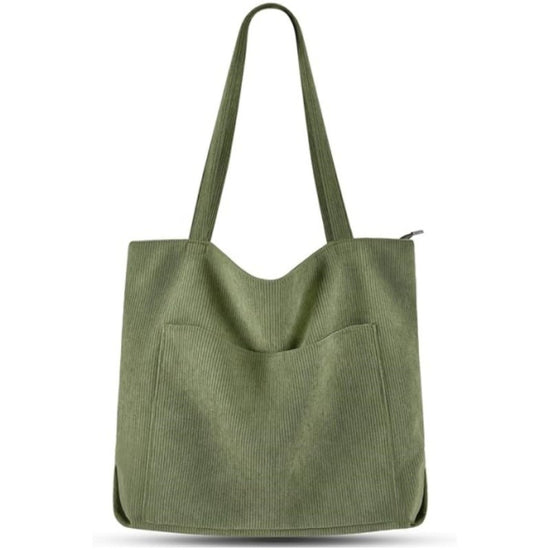 Green Stylish Corduroy Canvas Tote Bag - Fashionable and Retro Shoulder Bag