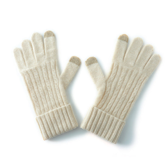 Beige Unisex Touchscreen Ribbed Warm Cycling Windproof Knitted Five-finger Gloves