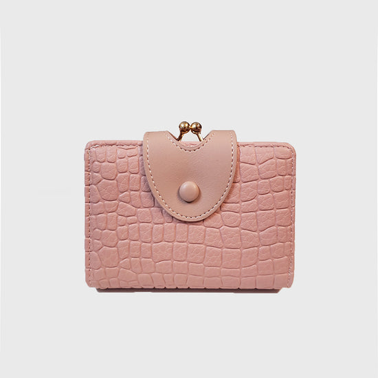 Pink Elegant Croc Embossed Womens Wallet - Short PU Leather Bifold with Removable Kisslock Coin Purse & Card Holder
