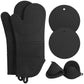 Black 6-Piece Silicone Oven Mitts and Pot Holders Set - Extra Long Waterproof Heat Resistant Gloves with Non-Slip Grip for Kitchen Baking BBQ