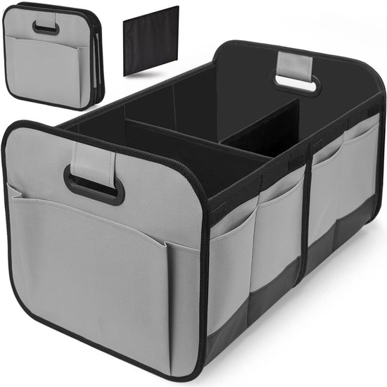 Grey and Black Heavy Duty Collapsible Car Boot Organiser - Large 65L Waterproof Trunk Storage Box with Compartments for SUV & Car