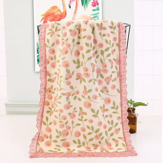 Pink Vintage Floral Lace Trim Towel Set - Ultra Soft Absorbent Coral Fleece Bath & Face Towel