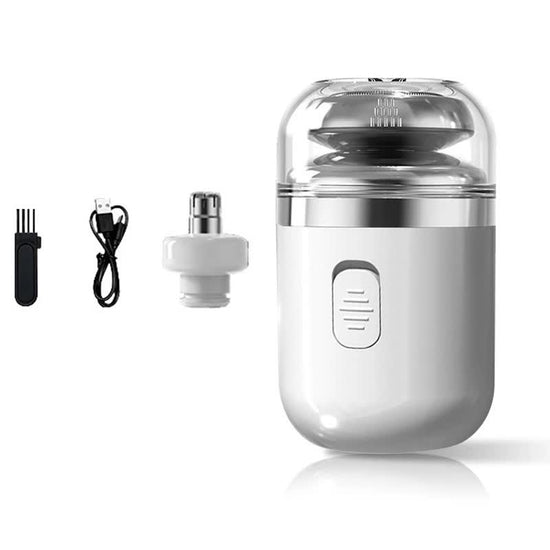 White Portable Mini Electric Shaver for Men - USB Fast-Charge Travel Razor with Washable Head & Nose Trimmer Attachment