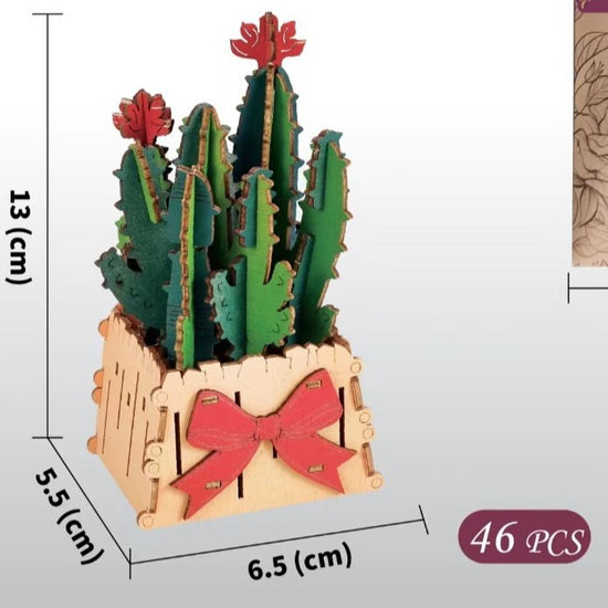 Thousand Flowers DIY 3D Wooden Cactus Puzzle with Red Flowers - 46-Piece Kids&