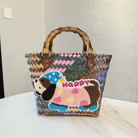 Happy Dog Vintage Striped Dachshund Woven Tote Bag - Stylish Hand-Carry Beach Bag for Women