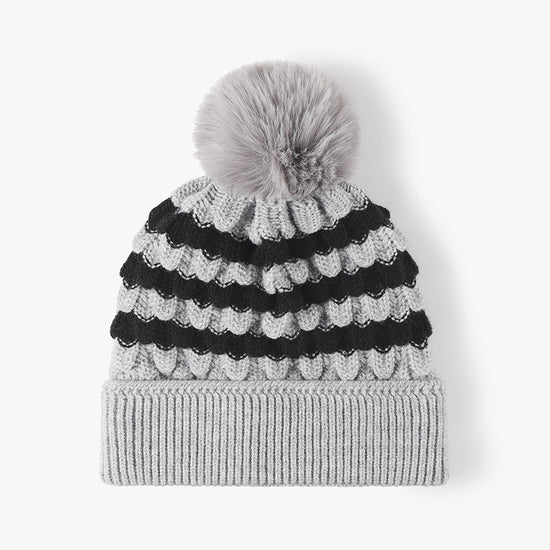 2-PCS Grey Stylish Two-Tone Pom-Pom Ear Warmer Knit Hat - Lined for Women