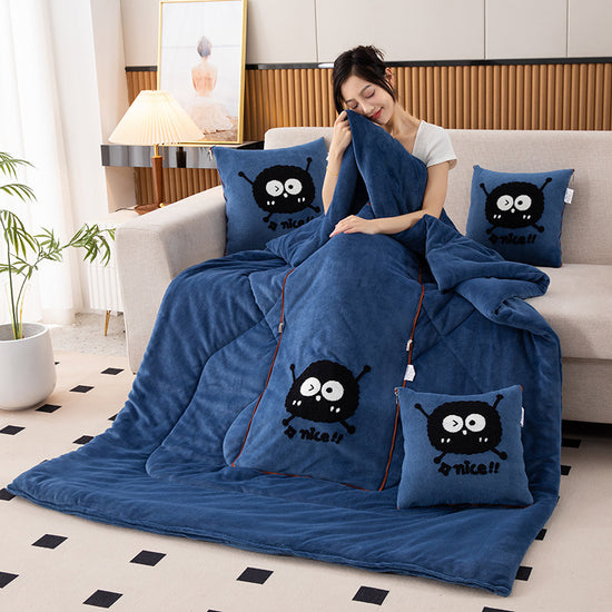 Jewel Blue Padded and Thickened Elf 2-in-1 Foldable Car Pillow Blanket - Cozy 40x40cm Pillow, Unfolds to 100x150cm Blanket for Travel and Office Naps