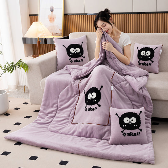 Light Purple Padded and Thickened Elf 2-in-1 Foldable Car Pillow Blanket - Cozy 40x40cm Pillow, Unfolds to 100x150cm Blanket for Travel and Office Naps