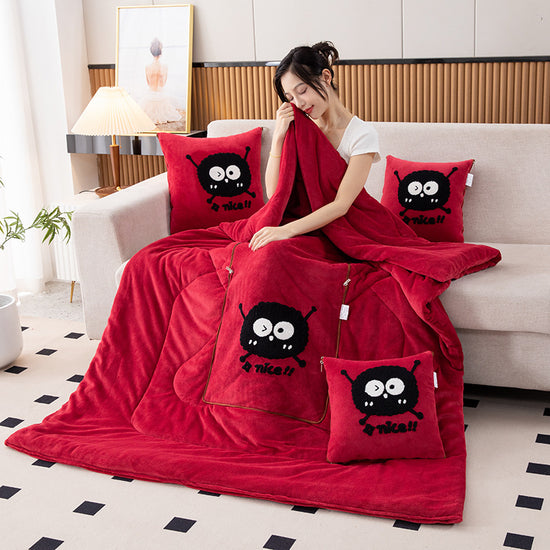 Wine Red Padded and Thickened Elf 2-in-1 Foldable Car Pillow Blanket - Cozy 40x40cm Pillow, Unfolds to 100x150cm Blanket for Travel and Office Naps