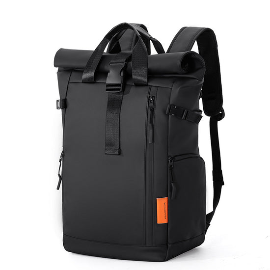 Black Urban Explorer Roll-Top Backpack - Water-Resistant Large Capacity Bag for Travel, Work & Laptop